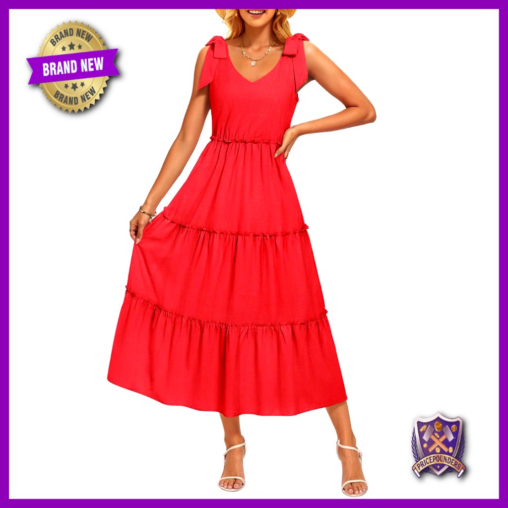Boho Sleeveless Midi Dress V Neck Spaghetti Strap Flowy A Line Tiered Sundress